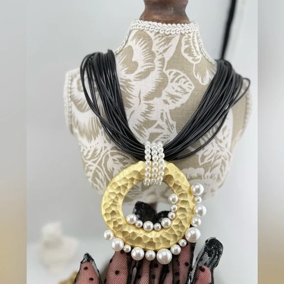 Statement Pendant Necklace | Multi-Strand Black Cord with Gold & Pearl Accents - Picture 11 of 12